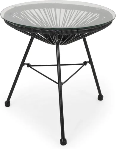 Vista 5 de Great Deal Furniture Christina - Mesa auxiliar moderna de ratán sintético para exteriores con parte superior de vidrio templado, color negro