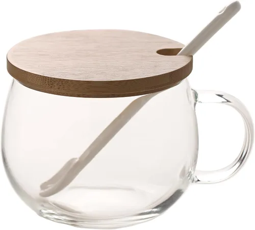 Vista 9 de TREEWOO Good MORNING - Taza transparente para café, postre, leche, té, yogur, juego de 2, vasos redondos de vidrio con asa con tapa de bambú