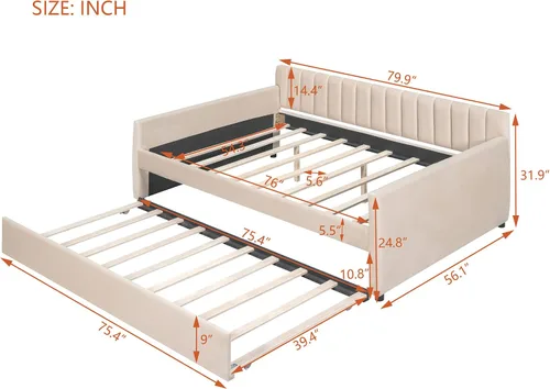Vista 2 de Sofá cama tapizado de tamaño completo con nido y soporte de listones de madera, elegante sofá cama para sala de estar y dormitorio