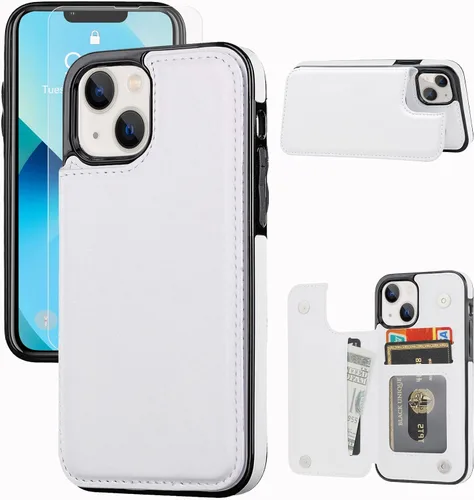 Vista 14 de Funda tipo cartera compatible con iPhone 13, funda protectora delgada con tarjetero, cuero PU con soporte y ranuras para tarjetas con un cristal
