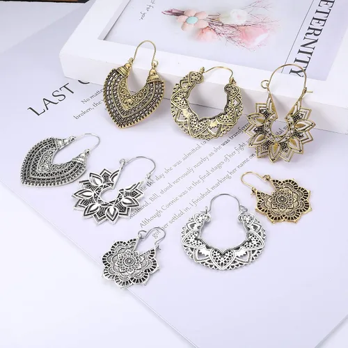 Vista 4 de FIBO STEEL Juego de 8 pares de aretes colgantes vintage con diseño de mandala para mujer estilo bohemio retro tribal huecos Acero inoxidable