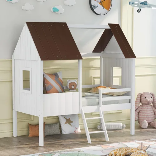 Vista 14 de Quarte Fun House - Cama con techo y dos ventanas laterales, cama baja de madera tamaño individual con escaleras pequeñas y barandilla, para niños