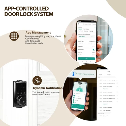 Vista 4 de Cerradura inteligente para puerta de entrada sin llave con control de aplicación, cerrojo electrónico de teclado con pantalla táctil con timbre