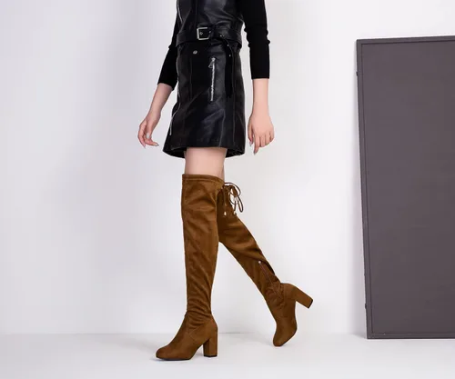 Vista 5 de Vepose Botas de gamuza 991 para mujer, por encima de la rodilla, veganas, 3.03 pulgadas, tacones gruesos, cremallera lateral, zapatos de apertura