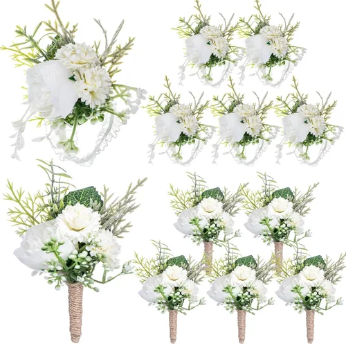Vista 12 de Juego de 12 ramilletes de boda y boutonniere, pulsera de ramillete de boda con alfileres para baile de graduación, hombres, novia, fiesta