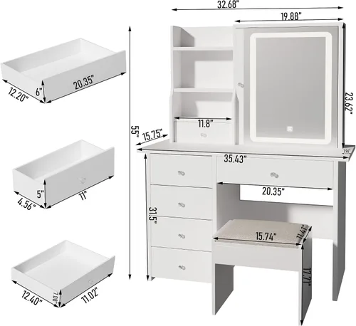 Vista 4 de Mesa de tocador ALEAVIC con espejo y luces LED, juego de tocador de maquillaje con toma de corriente y taburete, almacenamiento para joyas, mesa