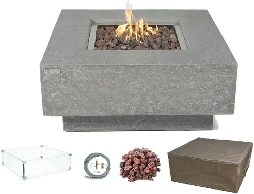Vista 11 de Elementi Manhattan - Juego de mesa de fuego de gas de hormigón, encendido electrónico para exteriores, cubierta de lona, roca de lava incluida claro
