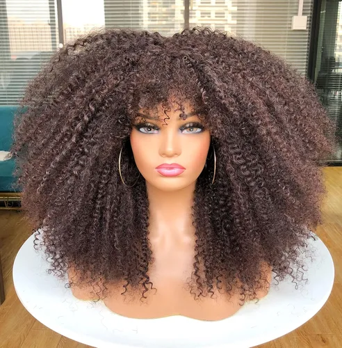 Vista 13 de Sweece - Peluca afro larga y rizada con flequillo para mujeres negras, peluca de cabello rizado de 17 pulgadas (17 pulgadas, negro)