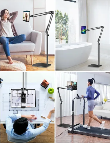 Vista 4 de Soporte de piso para tableta con base de 4.2LB, soporte de cama ajustable en altura y ángulo para teléfono y tableta, soporte de teléfono para cama