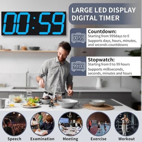 Vista 4 de CHKOSDA Reloj de pared digital grande de 18.7 pulgadas, reloj digital LED con número grande, reloj de pared multifunción con control remoto