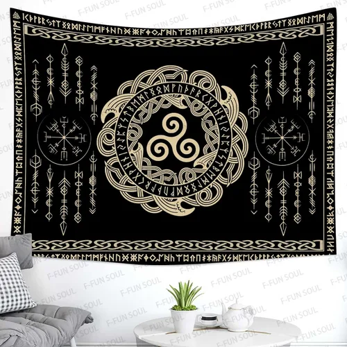 Vista 6 de F-FUN SOUL Tapiz de los vikingos nórdicos, franela suave, 40 x 30 pulgadas, nudo triskele vikingo, runa celta, tapiz de mitología estética