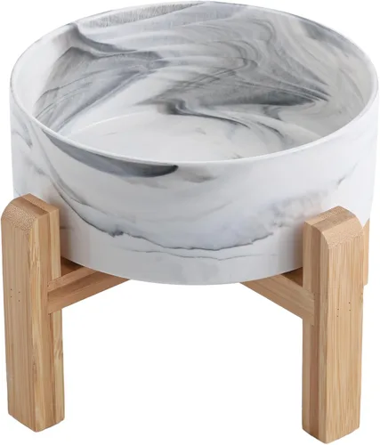 Vista 10 de Cuenco elevado de cerámica negro para perros con soporte de madera para razas pequeñas y medianas, plato de agua pesado, 6 pulgadas antideslizante