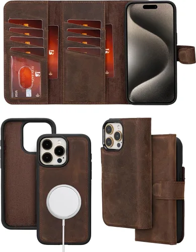 Vista 19 de Bayelon Estuche tipo billetera para iPhone 15 Pro, cartera de cuero desplegable de tres pliegues, cubierta tipo folio magnética desmontable, soporte