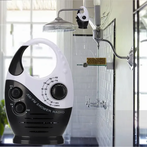 Vista 4 de Radio de ducha impermeable, radio AM/FM con altavoces de volumen ajustables, altavoces portátiles alimentados por batería con mango de gancho