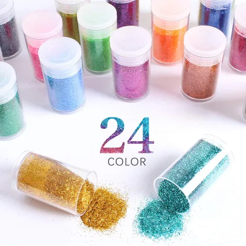 Vista 2 de Brillantina extrafina, juego de 24 colores cosméticos para arte de uñas, manualidades de resina, dispensador de polvo de brillantina suelta