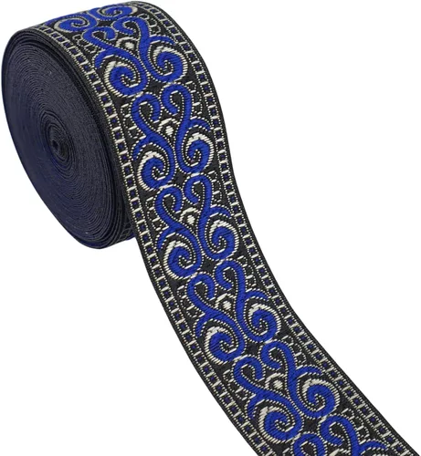Vista 4 de Cinta jacquard boho de 5 yardas bordada azul marino para coser, bolso hecho a mano, decoración de ropa