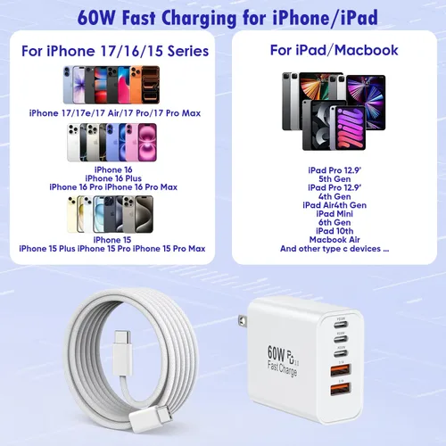 Vista 3 de Bloque de carga rápida para iPhone 17/16, paquete de 2 bloques de carga USB de 60 W, adaptador de carga de 5 puertos para Apple iPhone cargador