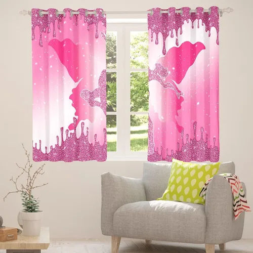 Vista 4 de Cortina de gimnasia para ventana, cortinas de lentejuelas rosas con purpurina y mariposa de diamante, para niños, niñas y mujeres, para decoración