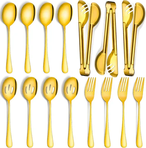 Vista 12 de Patelai Juego de 8 utensilios de acero inoxidable negro para servir, cucharas grandes de 8.7 pulgadas y cuchara ranurada, tenedores de 9.45