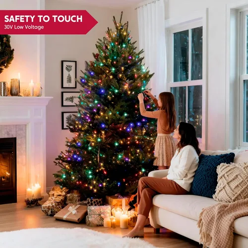 Vista 9 de JOYIN 200 luces LED de Navidad multicolor, 8 modos de luces de árbol de Navidad enchufables, luces parpadeantes de hadas conectables de 66 pies