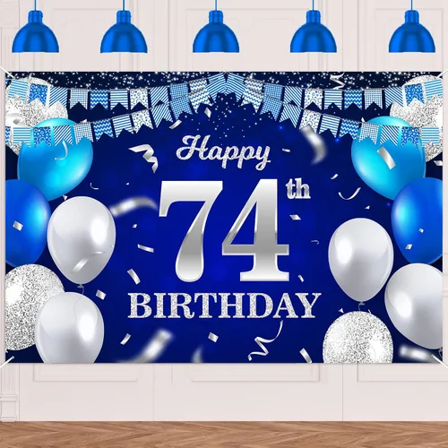 Vista 71 de Bandera de feliz primer cumpleaños con fondo azul marino, globos, confeti, bandera de rayas, luces de puntos, felicitaciones por el tema de 1 año