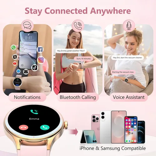 Vista 5 de Reloj inteligente para mujer, compatible con iPhone y Android, ritmo cardíaco SPO₂ y seguimiento de la salud de la mujer, más de 100 modos