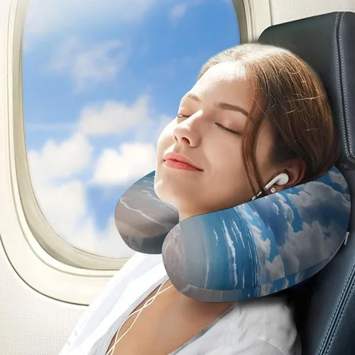 Vista 3 de Blue and White Cloud Neck Pillow Memory Foam U Shaped Pillows Portable Pillows for Shoulder Travel Head Support Pillow with Concealed Zipper for