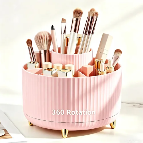 Vista 15 de Organizador de brochas de maquillaje giratorio de 360 grados, diseño desmontable, 5 ranuras, para cosméticos y lápices, organizador para escritorio