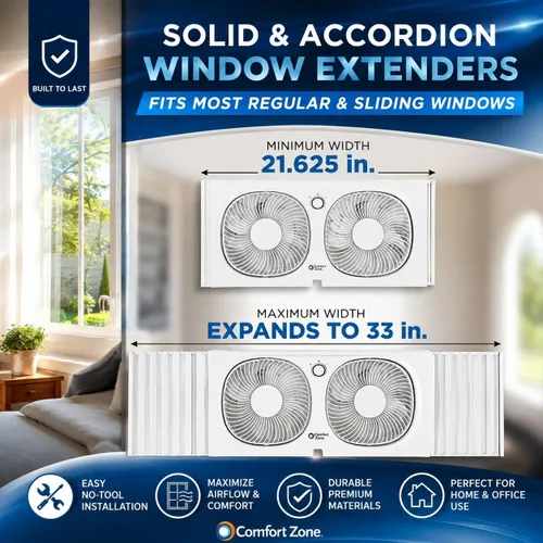 Vista 4 de Comfort Zone CZ329WT Ventilador de ventana doble de 9" con ventiladores giratorios de 180°, 2 velocidades, pantalla anti-insectos de plástico