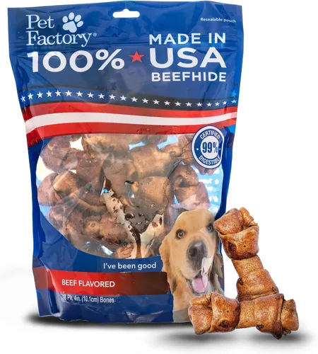 Vista 17 de Pet Factory Golosinas masticables para perros, 100% fabricadas en Estados Unidos, huesos anudados de 4 pulgadas, sabor a pollo, 18 unidades/1 paquete