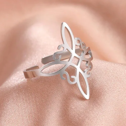 Vista 4 de Fuqimanman2020 Conjunto de collar de anillo de nudo de bruja de acero inoxidable ajustable, brujería celta, nudo de amor, anillo abierto, anillo