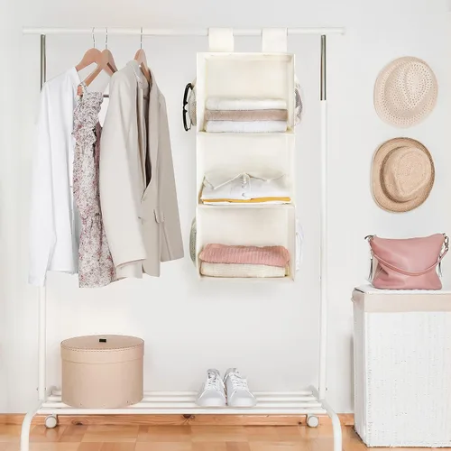 Vista 2 de MAX Houser Organizador de armario colgante de 3 estantes con 2 velcros, beige Organizador de suéter colgante, estantes colgantes plegables