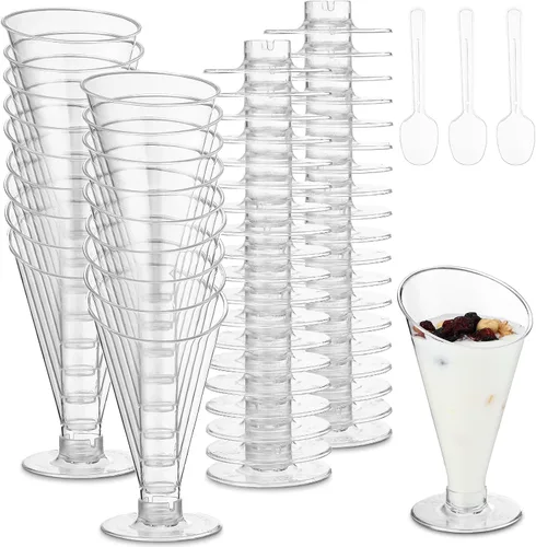 Vista 2 de Nuogo Paquete de 50 tazas transparentes de postre cucharas, mini tazas de postre, cucharas de plástico de Martini de 4 onzas, vasos de postre