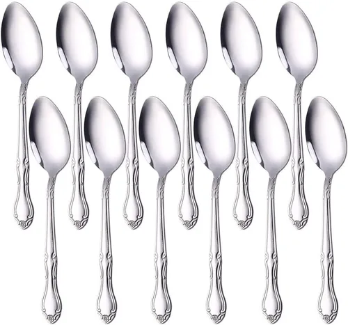 Vista 53 de Cucharas de sopa, cucharas redondas de acero inoxidable para caldo con borde de flor, juego de 12 piezas de acero inoxidable para café, azúcar
