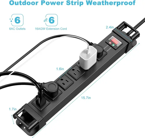 Vista 3 de HEZI IPX6 - Regleta de alimentación para exteriores resistente a la intemperie, 1200J, negro, 6 pies Tira de alimentación de metal, cable
