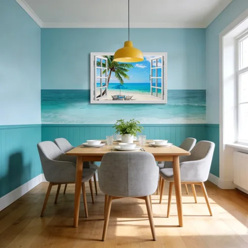 Vista 4 de Woxfcart Lienzo decorativo para pared, diseño de palmera de playa, ventana falsa, océano tropical, paisaje natural, impresiones de imágenes