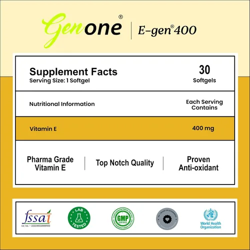 Vista 3 de Genone E-Gen 400 Cápsula de Vitamina E para Rostro Luminoso, Nutrición para la Piel y el Cabello (30 Cápsulas)