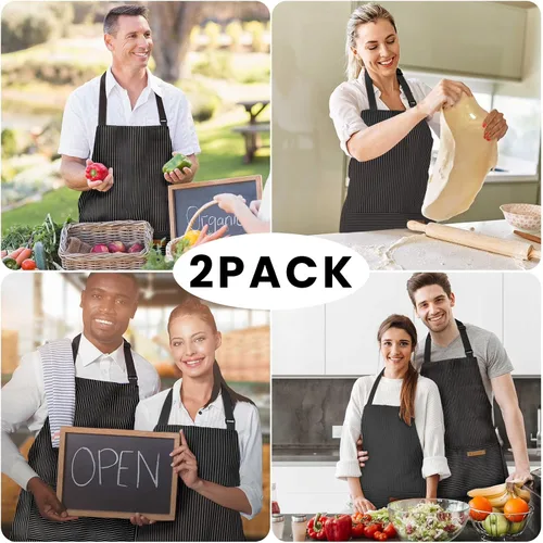 Vista 7 de Paquete de 2 delantales ajustables con peto, delantales de chef para cocina, restaurante, con 2 bolsillos, delantales para mujeres y hombres