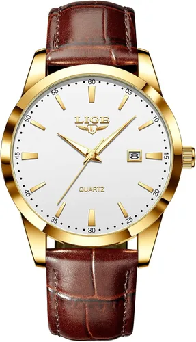 Vista 9 de LIGE Relojes para hombre impermeable analógico vestido vintage cronógrafo analógico casual cuero acero inoxidable movimiento de cuarzo único retro