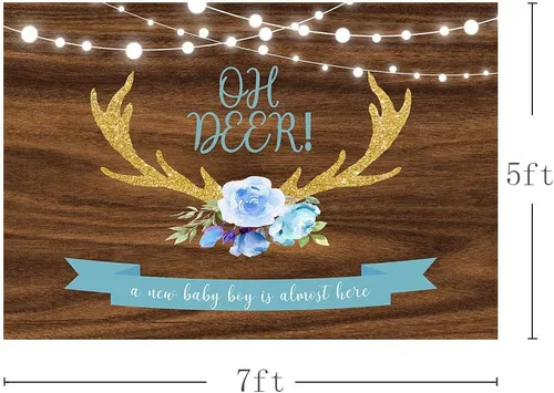 Vista 3 de MEHOFOND 7 x 5 pies Oh Deer Baby Shower fondo utilería azul floral madera rústica It's A Boy Baby Shower Gold Buck caza luces con purpurina bosque