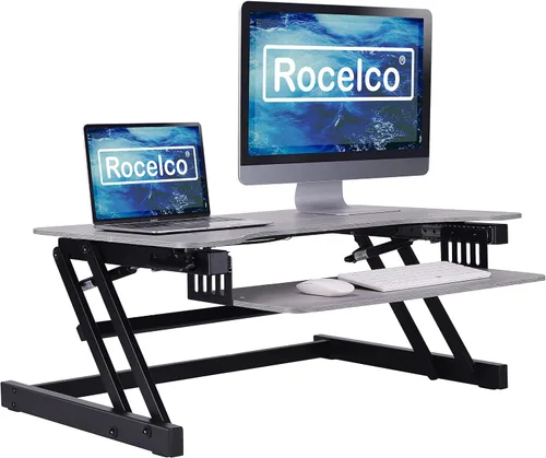 Vista 21 de Rocelco - Convertidor de escritorio para trabajar de pie con altura ajustable de 32 pulgadas - Bandeja retráctil deslizable - Elevador de monitor