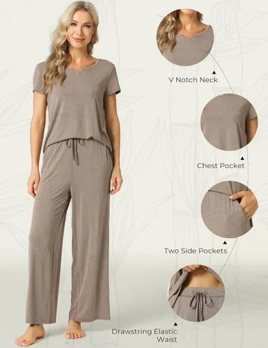 Vista 4 de LazyCozy Conjunto de pijama de manga corta para mujer, viscosa hecha de bambú, conjunto de pijama de 2 piezas para descansar