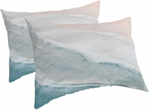 Vista 2 de DecorLovee Juego de 2 fundas de almohada de playa de verano, tamaño estándar, material de microfibra, oceánico, costero, aguamarina, beige, funda