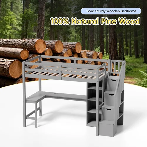 Vista 13 de Xilingol - Cama alta individual con escaleras y escritorio, cama alta de madera maciza, cama alta resistente con escritorio en forma de L, tiras