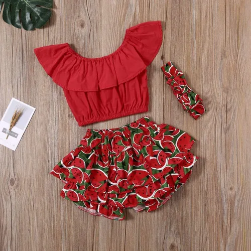 Vista 2 de Conjunto de faldas de piña para niños pequeños y niñas con hombros descubiertos de frutas + tutú con volantes faldas, vestido de verano