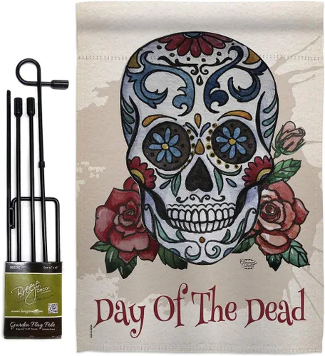 Vista 4 de Bandera de arpillera para jardín del Día de los Muertos, fiesta mexicana, otoño, pequeño regalo, decoración para patio, casa, de doble cara