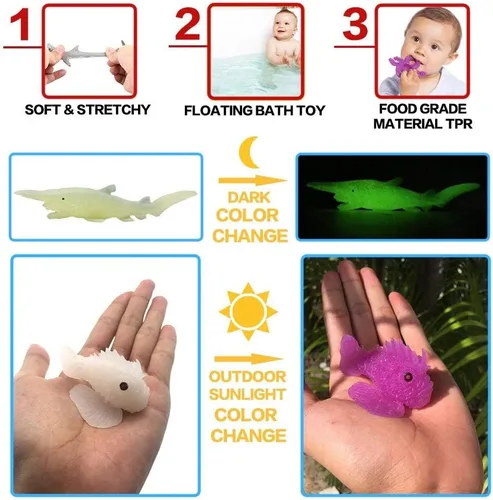 Vista 4 de Paquete de 18 animales marinos surtidos, conjunto de juguetes de animales marinos de goma elásticos y flotantes, mini figuras realistas de vida