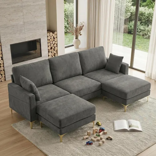 Vista 11 de VINGLI Sofá en forma de U de 100 pulgadas de ancho con otomana, asiento de 22 pulgadas de profundidad, cómodos sofás seccionales para sala de estar