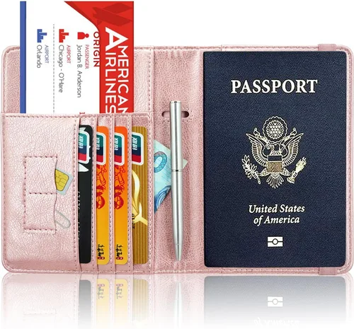 Vista 4 de ACdream - Funda para pasaporte, billetera o cartera de viaje de piel con bloqueo RFID para pasaporte con cierre de banda elástica, Ab-oro rosa)