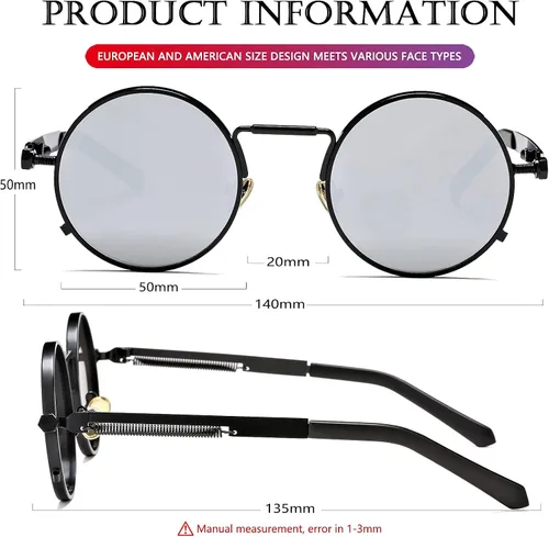 Vista 7 de AIEYEZO Gafas de sol redondas Steampunk con montura de metal gótico, 100% bloqueo UV